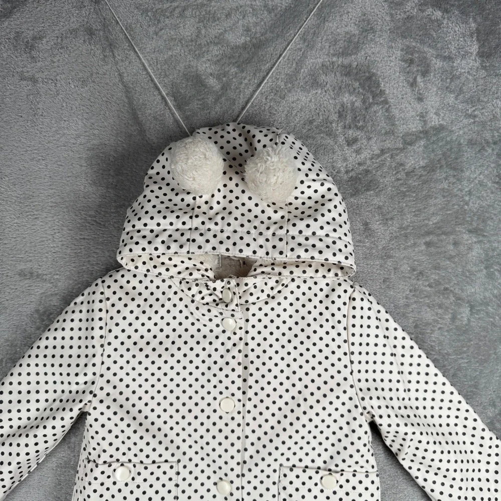 C&C California‎ Kids Rain Jacket 12M White Black Polka Dot Pompom Hooded Coat
